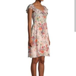 Rebecca Taylor Artful Floral Ruffle Trimmed Dessert Rose Dress